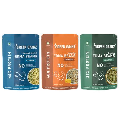 Green Gainz Roasted Edamame Assorted Flavours (Sea Salt, Masala,Cheese) 100gm Each | 100% Veg High Protein Snack | No Added Sugar | Non-GMO | Rich in Fiber | No Gluten