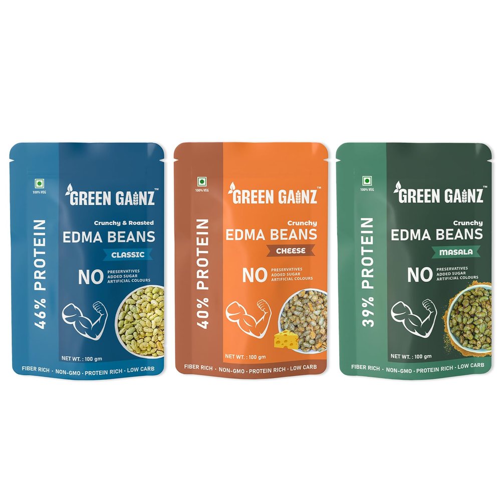 Green Gainz Roasted Edamame Assorted Flavours (Sea Salt, Masala,Cheese) 100gm Each | 100% Veg High Protein Snack | No Added Sugar | Non-GMO | Rich in Fiber | No Gluten