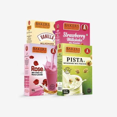 BAKERS Premium Milk Shake Mix Combo (100g x 4, 400g) - Vanilla, Rose, Pista & Strawberry | Instant Thick & Creamy Shake Powder | No Preservatives | Vegetarian | Ready in 30 Seconds