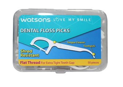 Watsons Flat Thread Dental Floss Picks, 50 Pieces, Curved Handle, for Extra Tight Teeth Gap