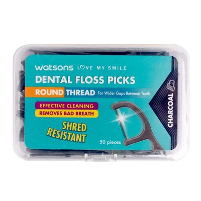 Watsons Charcoal Dental Floss Picks, 50 Pieces, Round Thread, Curved Tail End, for Tight Teeth Gap