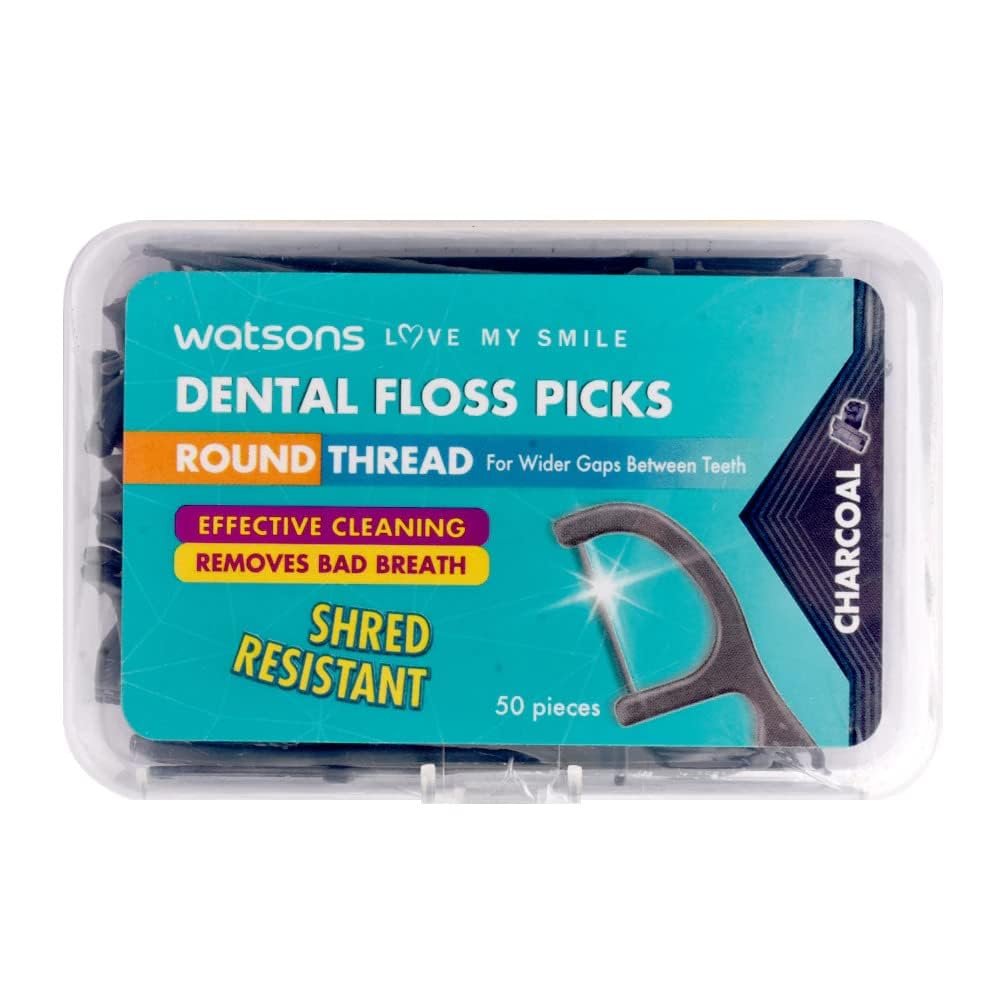 Watsons Charcoal Dental Floss Picks, 50 Pieces, Round Thread, Curved Tail End, for Tight Teeth Gap