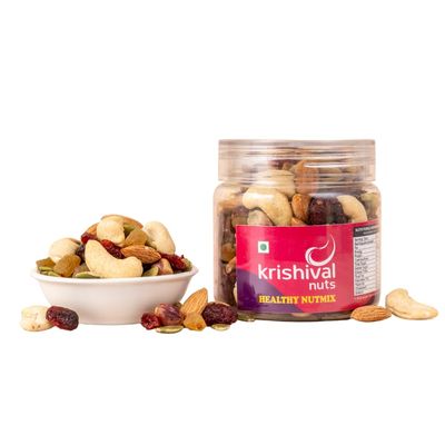 Krishival Nuts Healthy Nut Mix | Premium Trail Mix | Mixed Seeds with Dry Fruits | Almonds | Cashews | Pistachios | Pumpkin Seeds | Raisins | Cranberries, Reusable Jar (200 Grams, Jar)