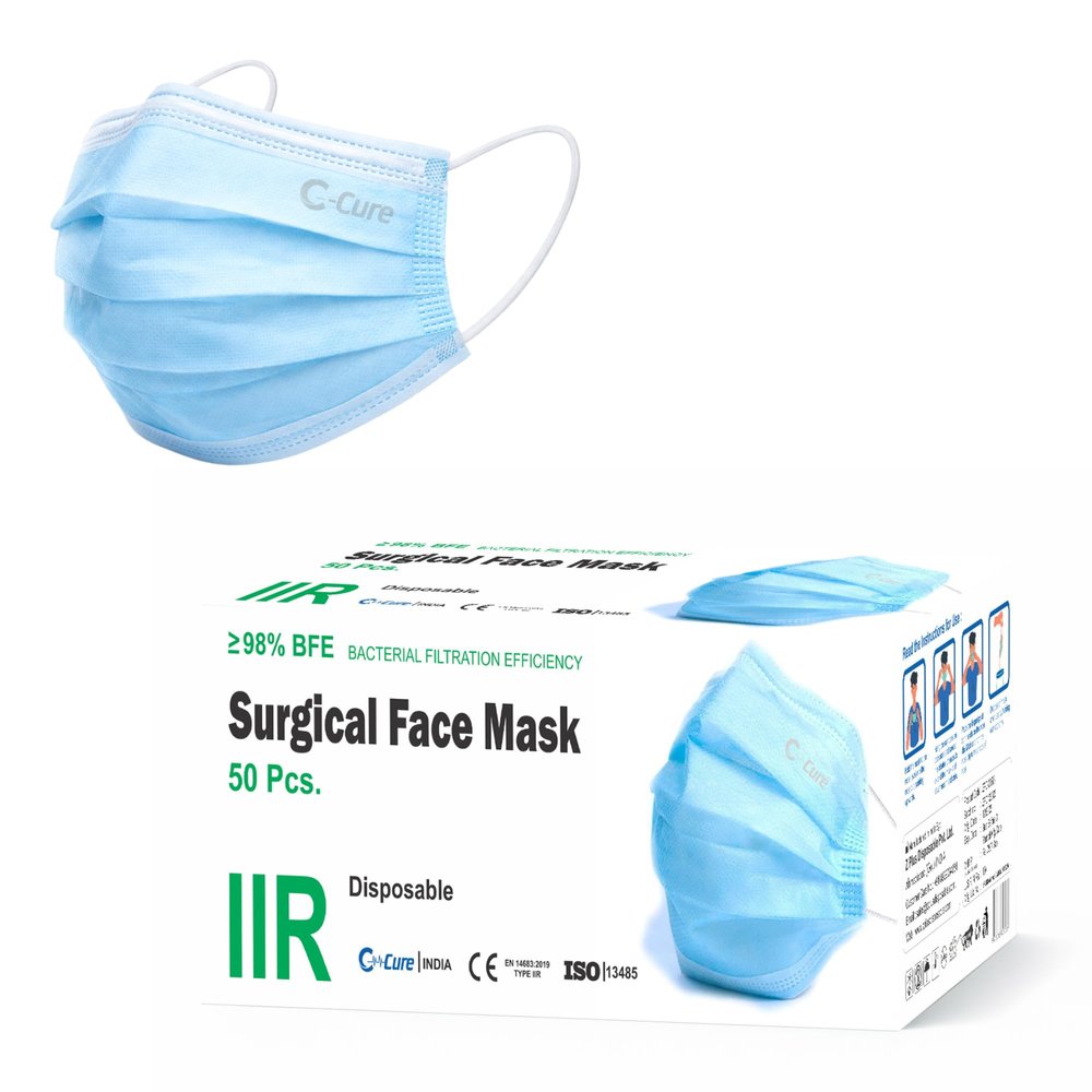 C-Cure 3 Ply Surgical Face Mask Pack of 200 IIR | Disposable Non Woven Breathable Face Mask with Nose Clip & Soft Earloop | Daily Use for Men Women Office Travel Pollution | Blue