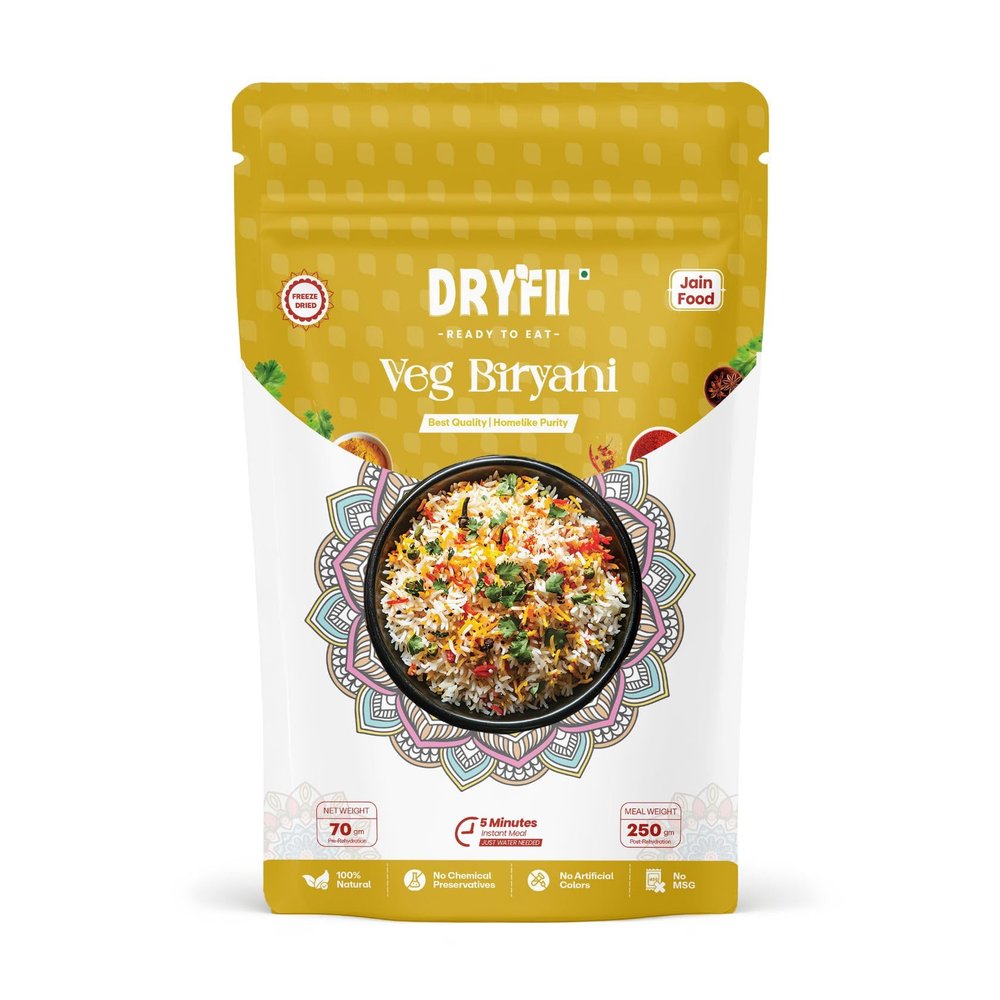 Dryfii Ready-to-Eat Instant Jain Veg Biryani | Pure Veg | Freeze Dried | No Onion, No Garlic | Rehydrated Weight 250 g
