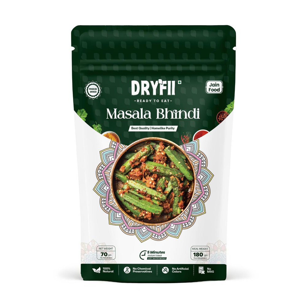 Dryfii Ready-to-Eat Instant Jain Masala Bhindi | Pure Veg | Freeze Dried | No Onion, No Garlic | Rehydrated Weight 180 g