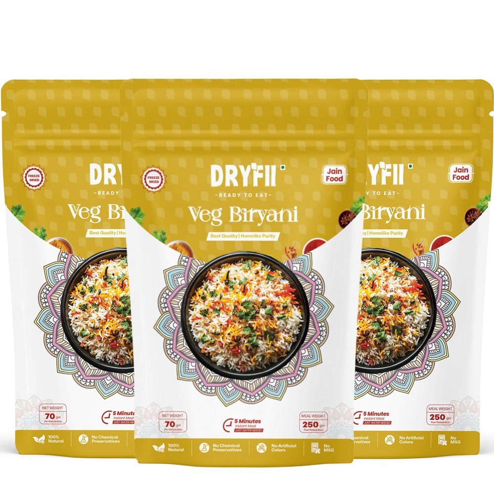 Dryfii Ready-to-Eat Instant Jain Veg Biryani | Pure Veg | Freeze Dried | No Onion, No Garlic | Rehydrated Weight 750 g