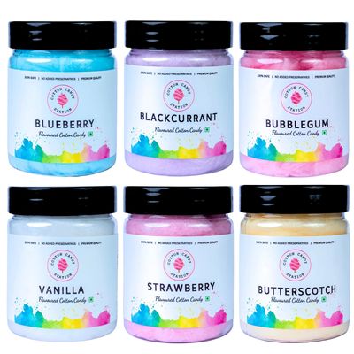 Cotton Candy Gift Hamper Pack of 6 Flavours (Strawberry, Blueberry, Vanilla, Butterscotch, Blackcurrant & Bubblegum), 100% Safe & Vegan, No Added Preservatives, 20g Each
