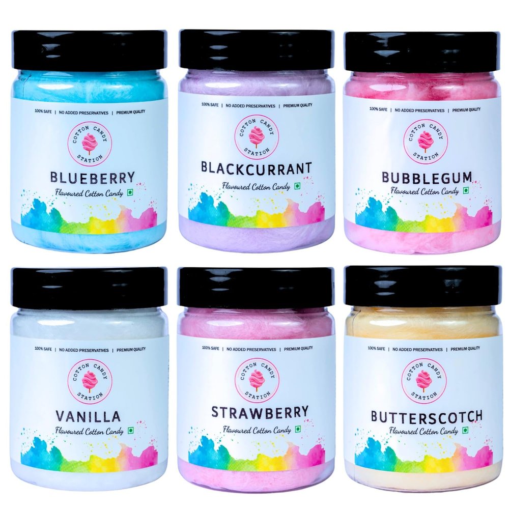 Cotton Candy Gift Hamper  Pack of 6 Flavours (Strawberry, Blueberry, Vanilla, Butterscotch, Blackcurrant & Bubblegum), 100% Safe & Vegan, No Added Preservatives, 20g Each