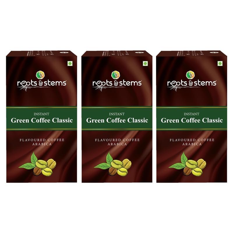 roots & stems Green Coffee Classic | Instant Premix Extract Powder with Probiotic | Arabica, Flavoured Coffee | 300g (5gx20 Sachets) Pack of 3