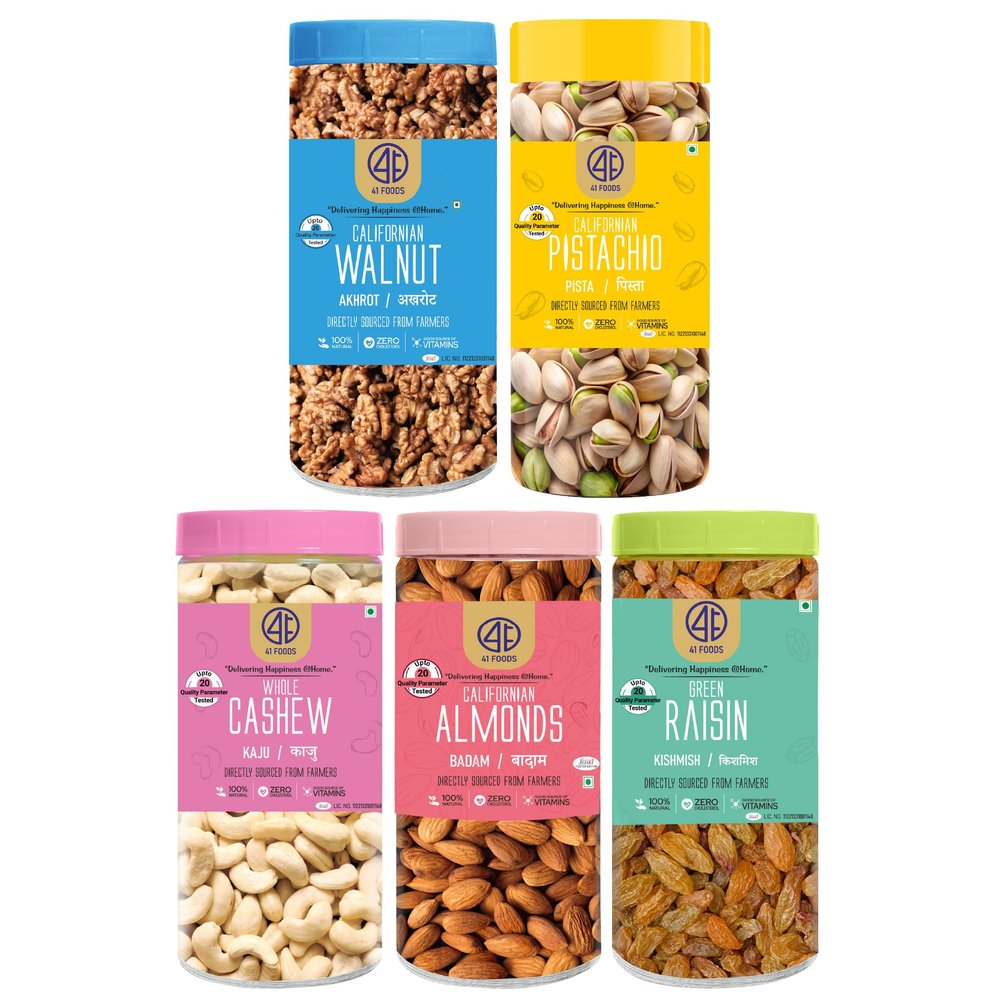 41 Foods Premium Dry Fruits Combo of Almonds Cashews Pistachios Raisins and Walnuts | Pack of 5 | 200g Each | 1 KG