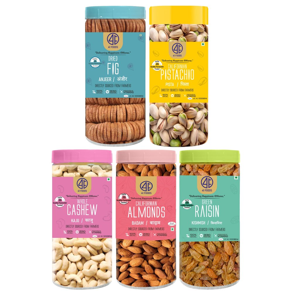 41 Foods Premium Dry Fruits Combo of Almonds Cashews Figs Pistachios and Raisins | Pack of 5 | 200g Each | 1 KG