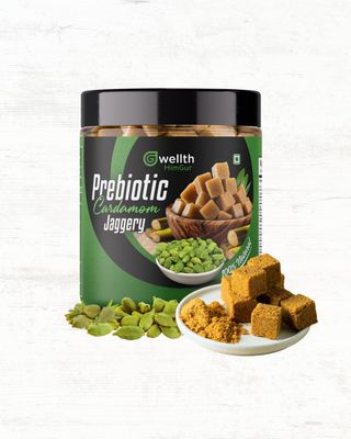 GWellth Prebiotic Cardamom Jaggery || Natural & Pure Jaggery || Organic Jaggery || 100% Pure || Gud || Jaggery Cubes || Cardamom flavour (300 gm)