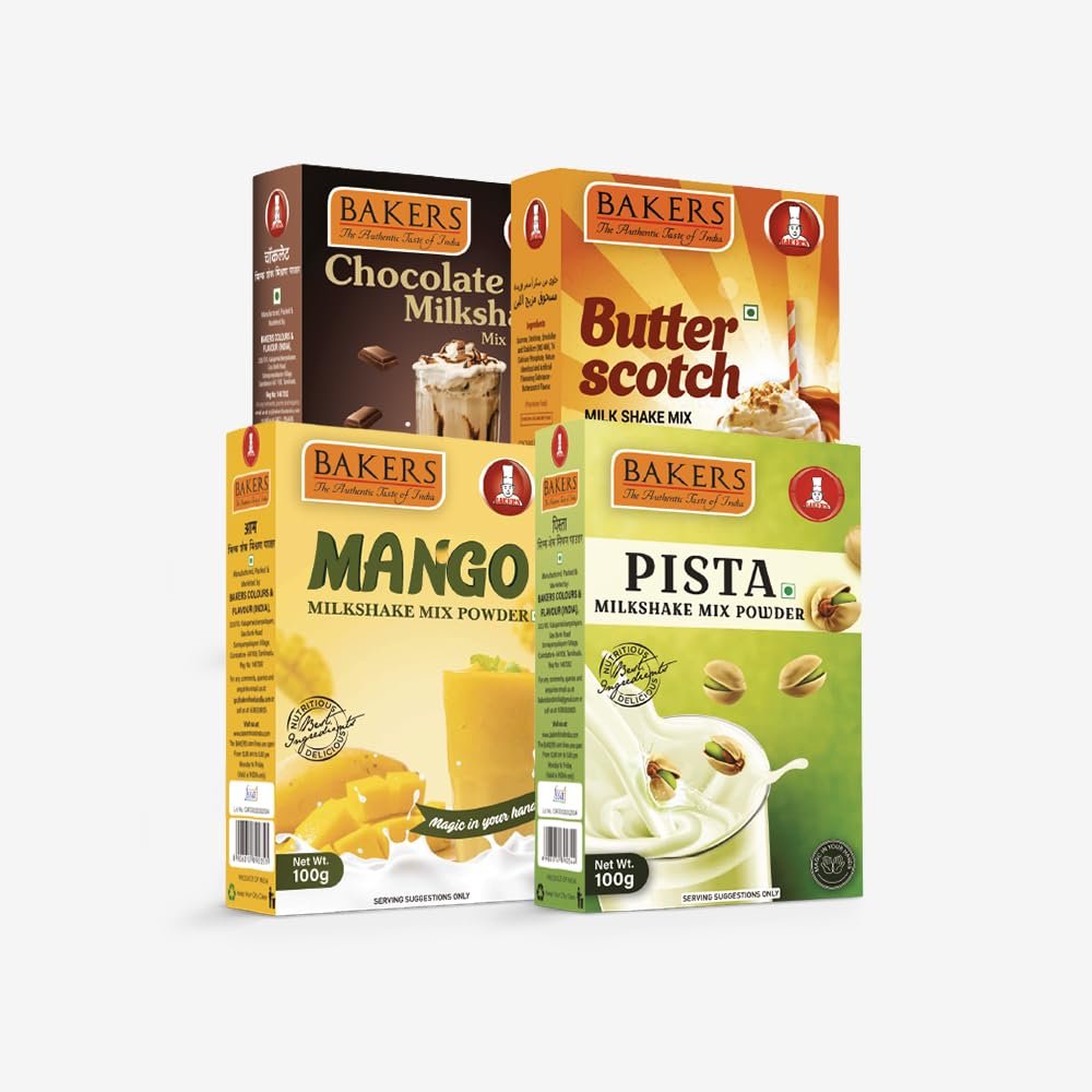 BAKERS Premium Milk Shake Mix Delicious Flavors Combo (100g x 4, 400g) - Chocolate, Butterscotch, Mango & Pista | Instant Thick & Creamy Shake Powder | No Preservatives | Vegetarian | | Ready in 30 Seconds
