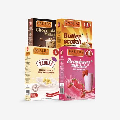 BAKERS Milk Shake Mix Combo (100g x 4, 400g) - Chocolate, Butterscotch, Vanilla & Strawberry | Instant Thick & Creamy Shake Powder | No Preservatives | Vegetarian |Ready in 30 Sec