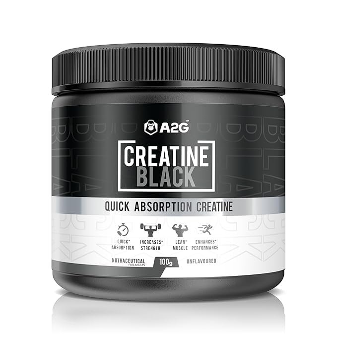 A2G Creatine Black | Micronised Creatine Monohydrate | 3g Per Serving | 33 Servings | BioPerine + NanoAbsorb | Zero Bloating | Unflavoured 100g