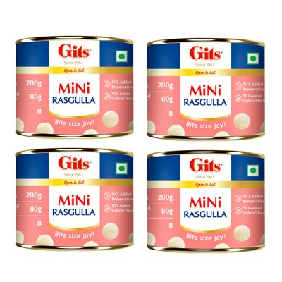 Gits MiNi Rasgulla 200 gms Open & Eat | Pack of 4 tins | 8 pieces in each tin | Party Pack | Quick Sweet Cravings