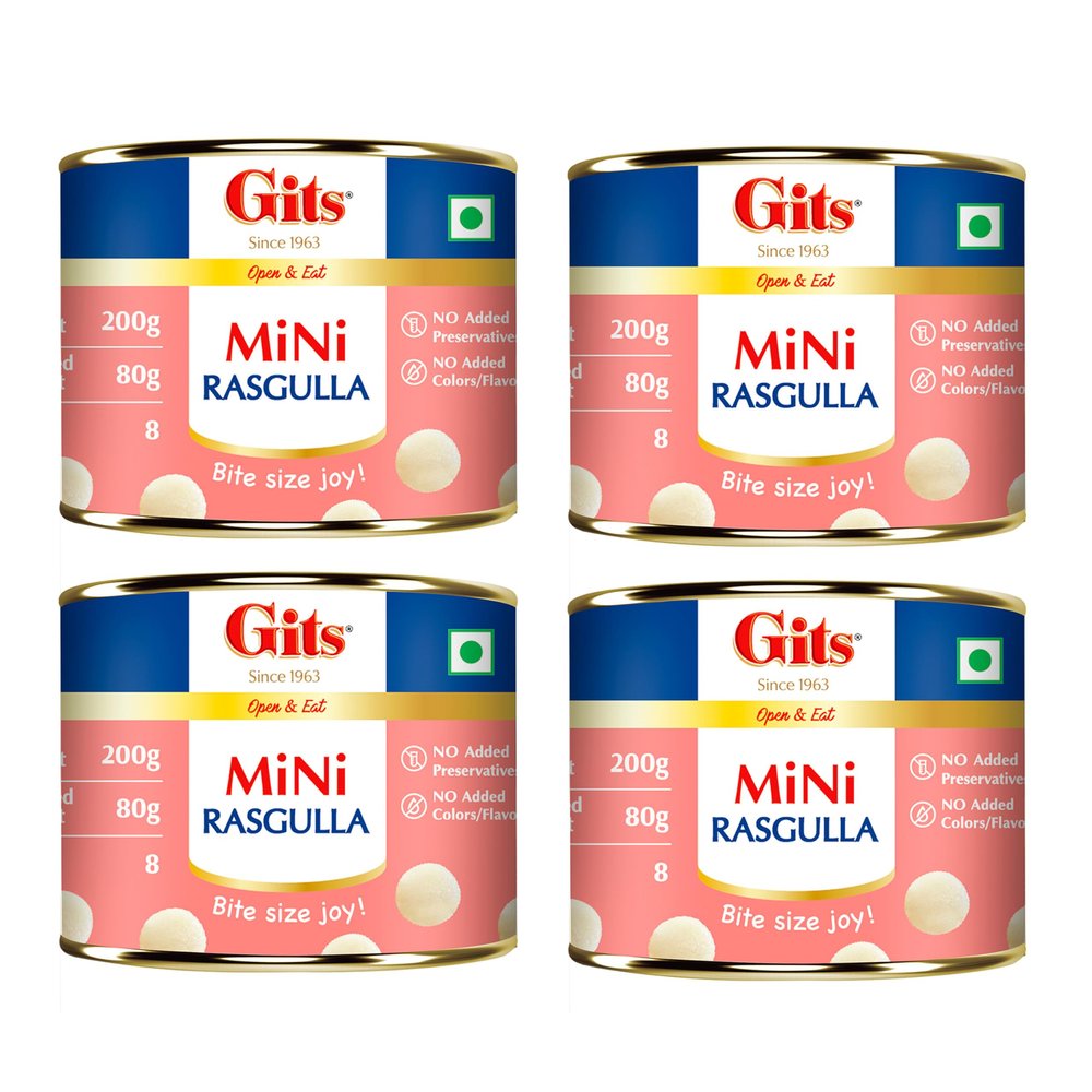 Gits MiNi Rasgulla 200 gms Open & Eat | Pack of 4 tins | 8 pieces in each tin | Party Pack | Quick Sweet Cravings