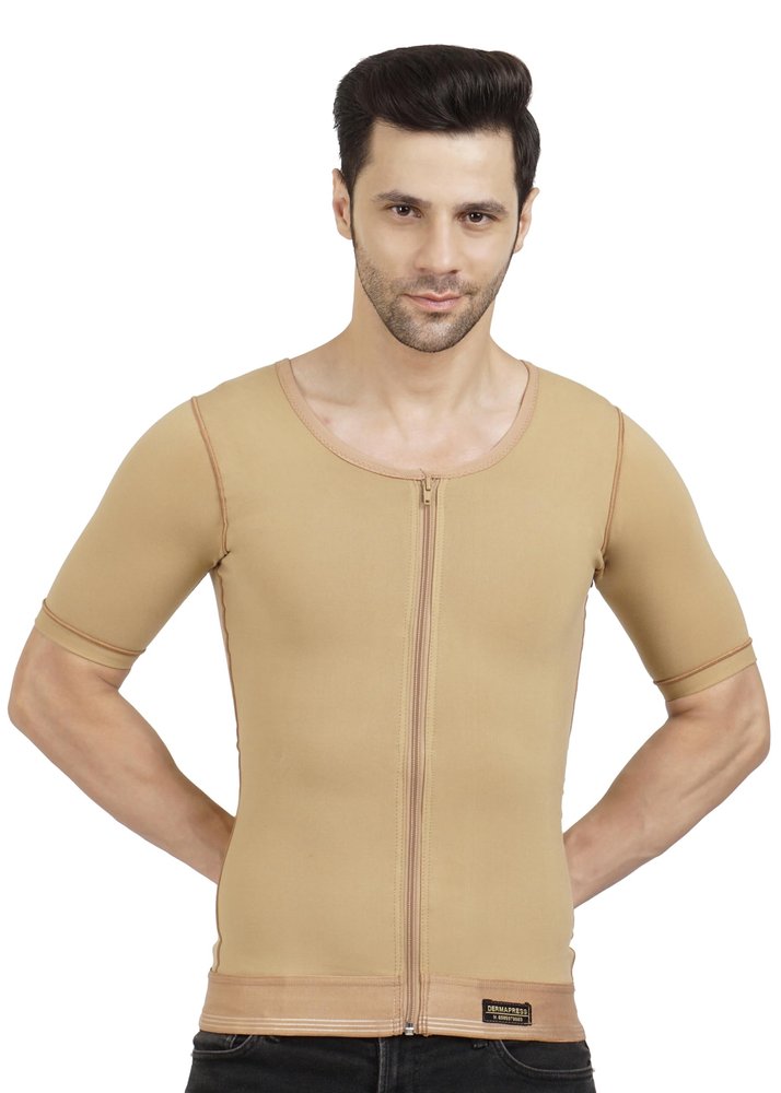 Dermapress Gynecomastia Compression garment with Short Sleeve| MICROPOLY FABRIC | Front Zip and Hook Closer| Tomboy Chest Binder| Chest, Abdomen & Back Support for Men| (Beige, XXL)