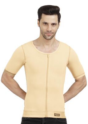 Dermapress Gynecomastia Compression garment with Short Sleeve| MICROPOLY FABRIC | Front Zip and Hook Closer| Tomboy Chest Binder| Chest, Abdomen & Back Support for Men| (Skin, XXL)