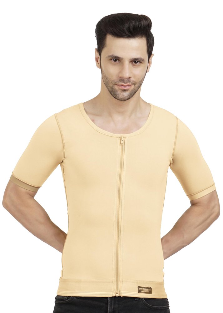 Dermapress Gynecomastia Compression garment with Short Sleeve| MICROPOLY FABRIC | Front Zip and Hook Closer| Tomboy Chest Binder| Chest, Abdomen & Back Support for Men| (Skin, XXL)