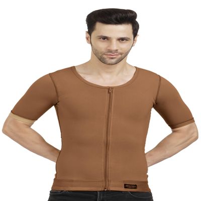 Dermapress Gynecomastia Compression garment with Short Sleeve| MICROPOLY FABRIC | Front Zip and Hook Closer| Tomboy Chest Binder| Chest, Abdomen & Back Support for Men| (Brown, 3XL)