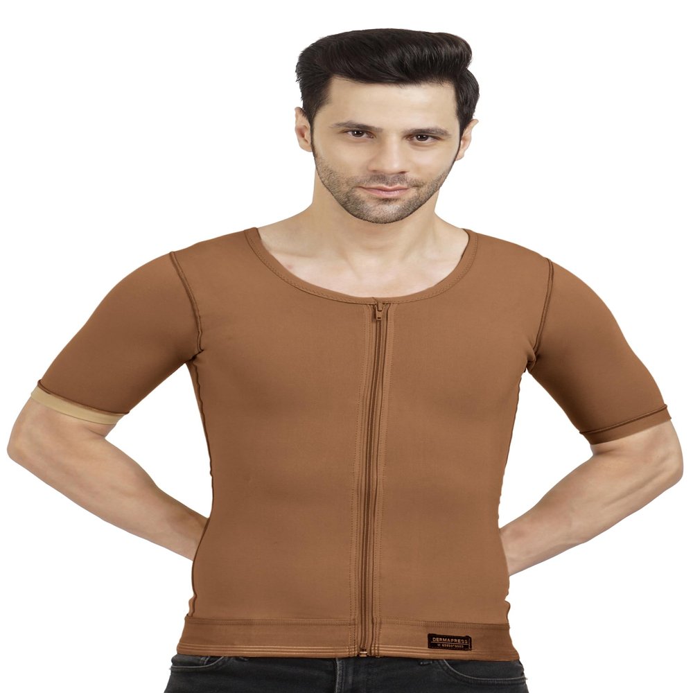 Dermapress Gynecomastia Compression garment with Short Sleeve| MICROPOLY FABRIC | Front Zip and Hook Closer| Tomboy Chest Binder| Chest, Abdomen & Back Support for Men| (Brown, 3XL)