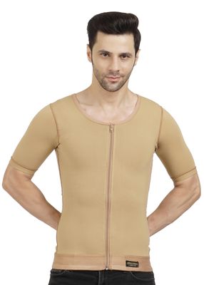 Dermapress Gynecomastia Compression garment with Short Sleeve| MICROPOLY FABRIC | Front Zip and Hook Closer| Tomboy Chest Binder| Chest, Abdomen & Back Support for Men| (Beige, XL)