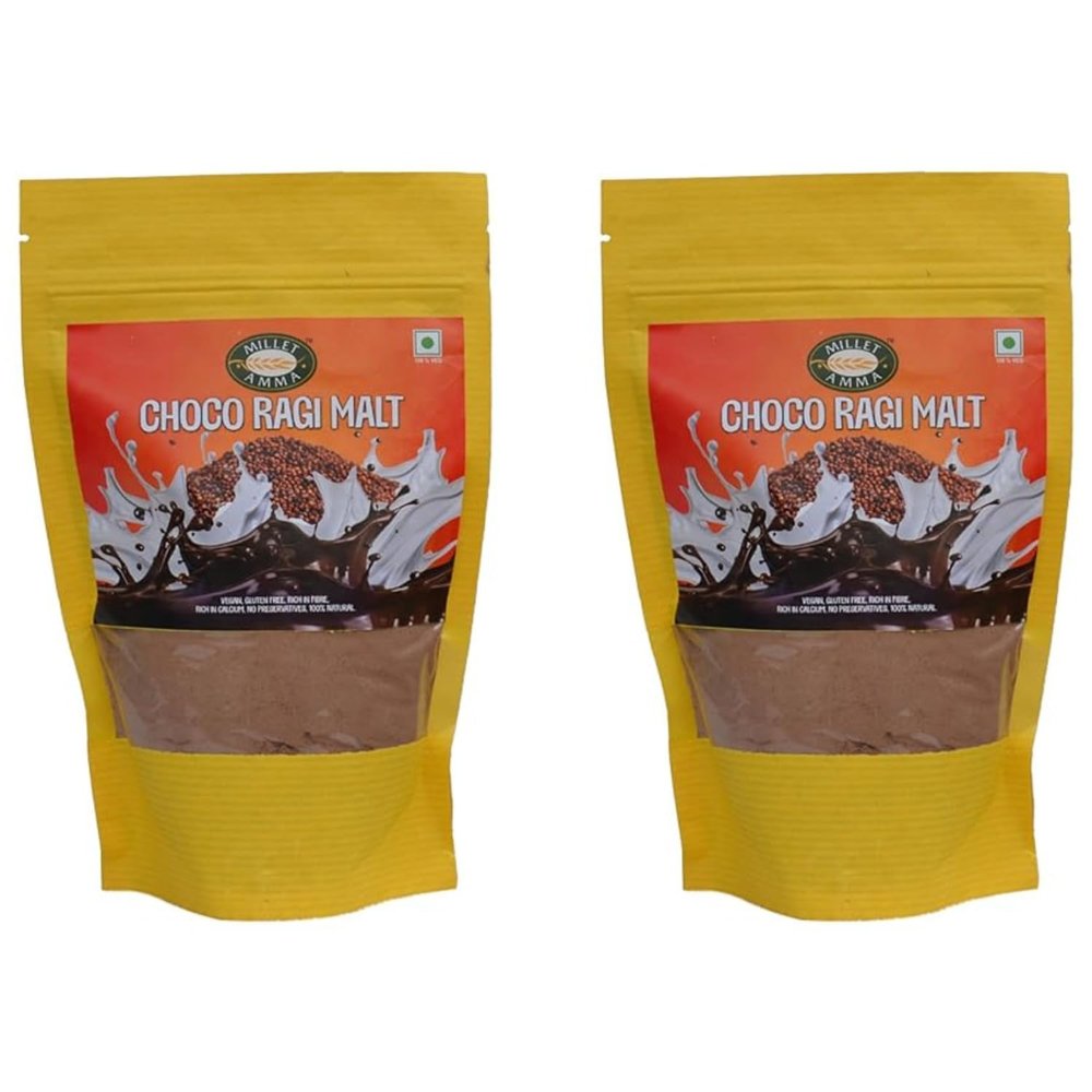 Millet Amma Instant Choco Ragi Malt Millet Drink Mix With 40% Millet Content, High Fiber & Rich in Minerals, Vegan & Gluten-Free - 250g Pack (Makes 15 Drinks) - Pack of 2