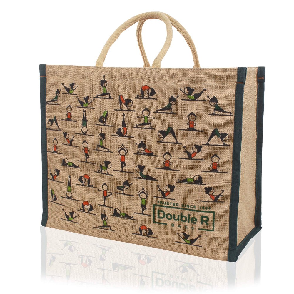 DOUBLE R BAGS Eco Reusable Yoga Print Jute Bag | Waterproof Medium Tote for Grocery, Vegetables, Milk, Lunch | Unisex Kitchen Carry Bag with Hard Grip Handle (Pack of 3, 34X20X43cm, 1 Compartment)