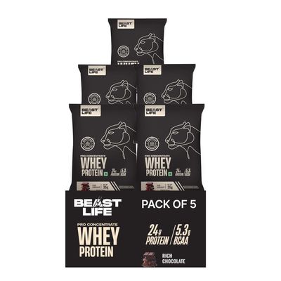 BeastLife Pro 100% Whey Protein Powder Sachets | Pack of 5 | Rich Chocolate | Muscle Growth & Recovery| Fast Absorbing, No Bloating |Ultrasorb Tech For Fast Digestion|NABL Lab Certified | 24g Protein, 5.3g BCAA | Travel-Friendly & Easy to Us