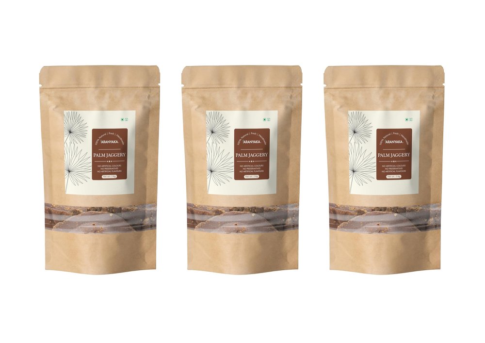 Aranyaka Pure Palmyra Palm Jaggery Blocks ( Taad Ka Gud ) | 3000 Grams | 100% Natural (No Added Sugar, No Impurities, No Added Colour, No Added Preservatives) | Karupatti | Panavellam-Palmyra Jaggery | - (1Kg x 3) = 3Kg in Total