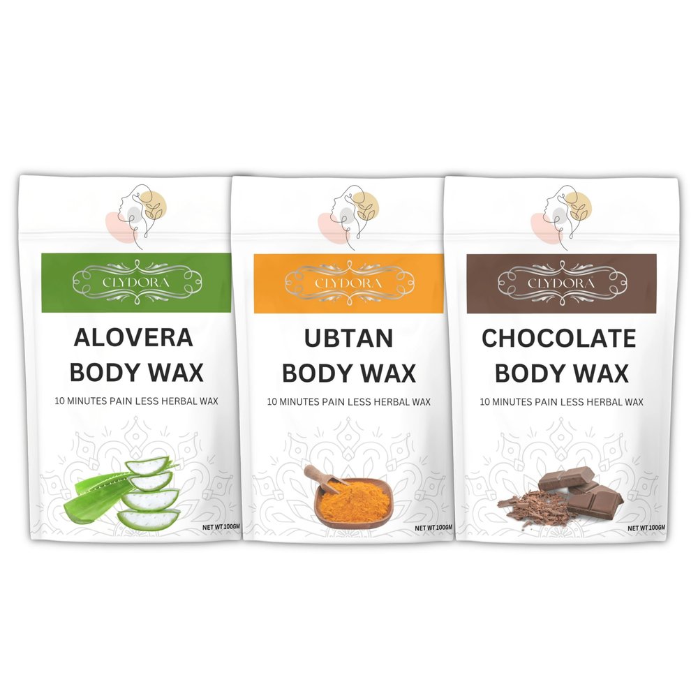 CLYDORA Aloe Vera, Ubtan & Chocolate Body Wax Pack of 3  10 Minutes Painless Herbal Wax for Women & Men | Natural Hair Removal Wax with Aloe Vera, Turmeric & Cocoa Extracts | Smooth, Soft & Glowing Skin | 100g x 3