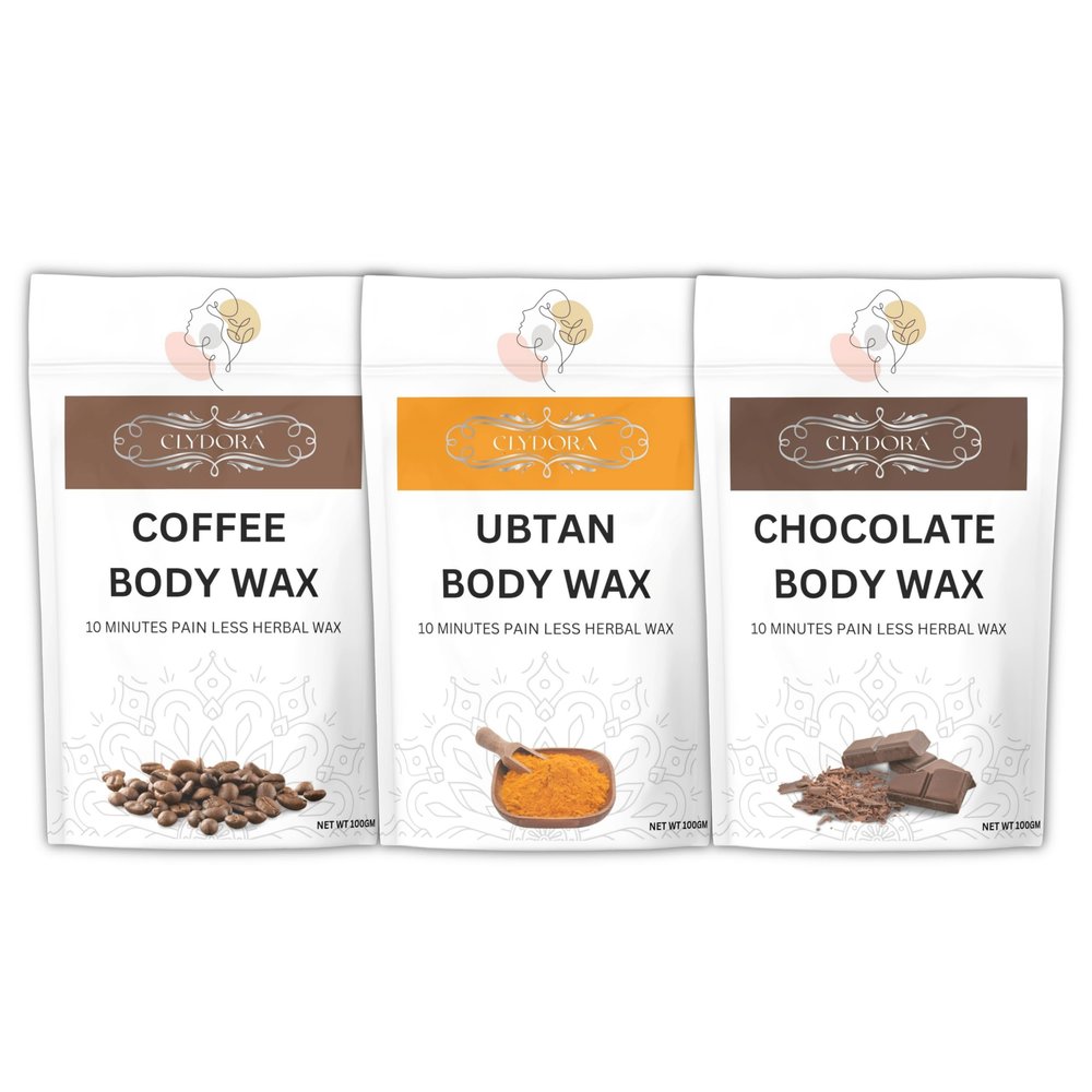 CLYDORA Coffee, Ubtan & Chocolate Body Wax Pack of 3 10 Minutes Painless Herbal Wax for Women & Men | Natural Hair Removal Wax with Coffee, Turmeric & Cocoa Extracts | Smooth, Soft & Glowing Skin | 100g x 3