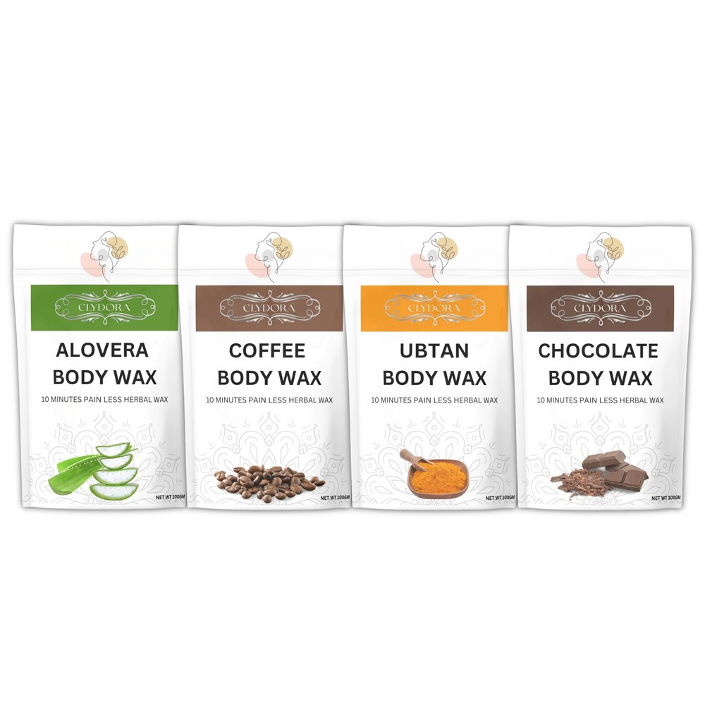 CLYDORA Aloe Vera, Coffee, Ubtan & Chocolate Body Wax Pack of 4  10 Minutes Painless Herbal Wax for Women & Men | Natural Hair Removal Wax with Aloe Vera, Coffee, Turmeric & Cocoa Extracts | Smooth, Soft & Glowing Skin | 100g x 4