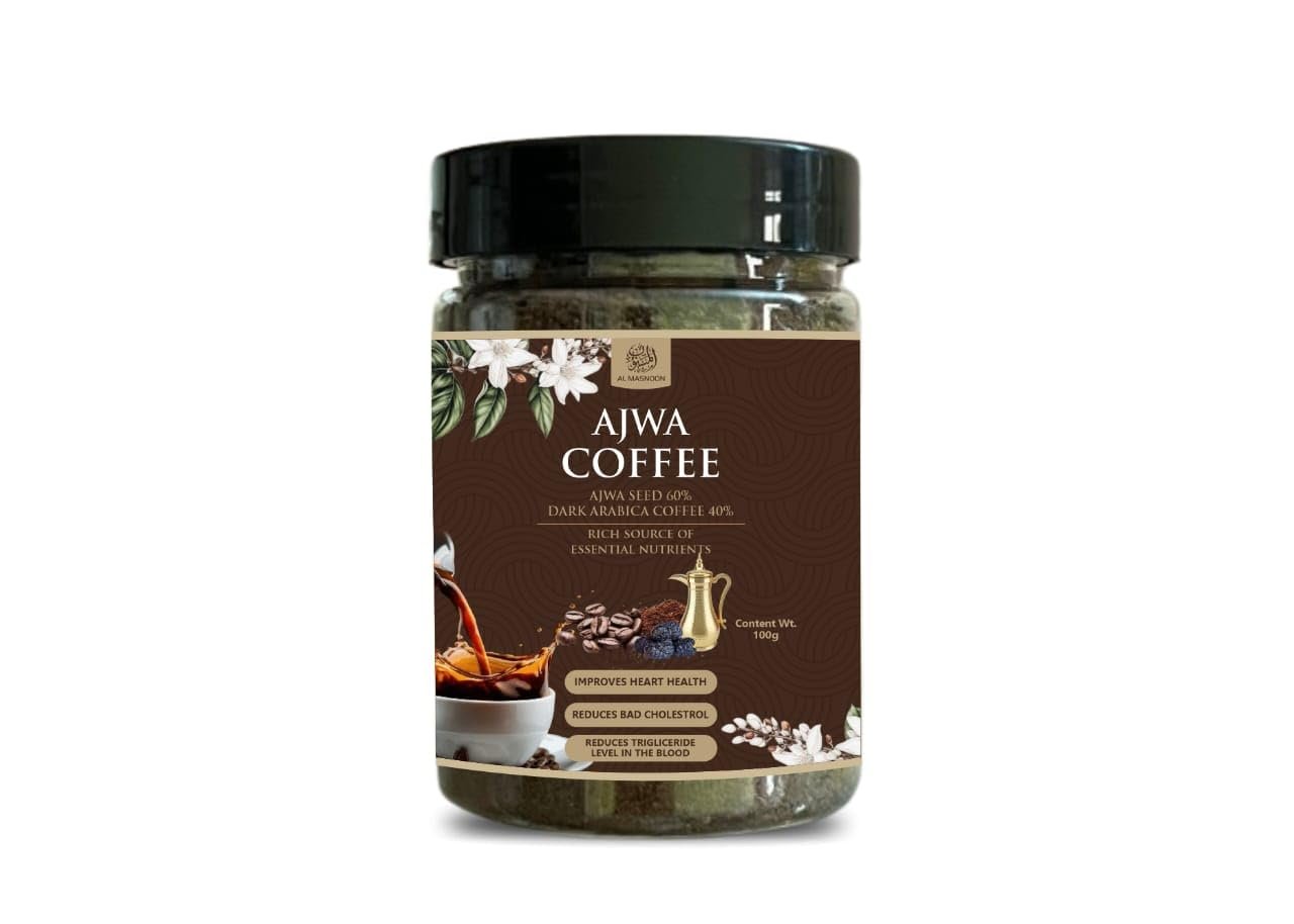 AL MASNOON Ajwa Coffee 100g - Blend of Ajwa Seed & Dark Arabica Coffee Beans, Rich & Flavorful, Pack of 1