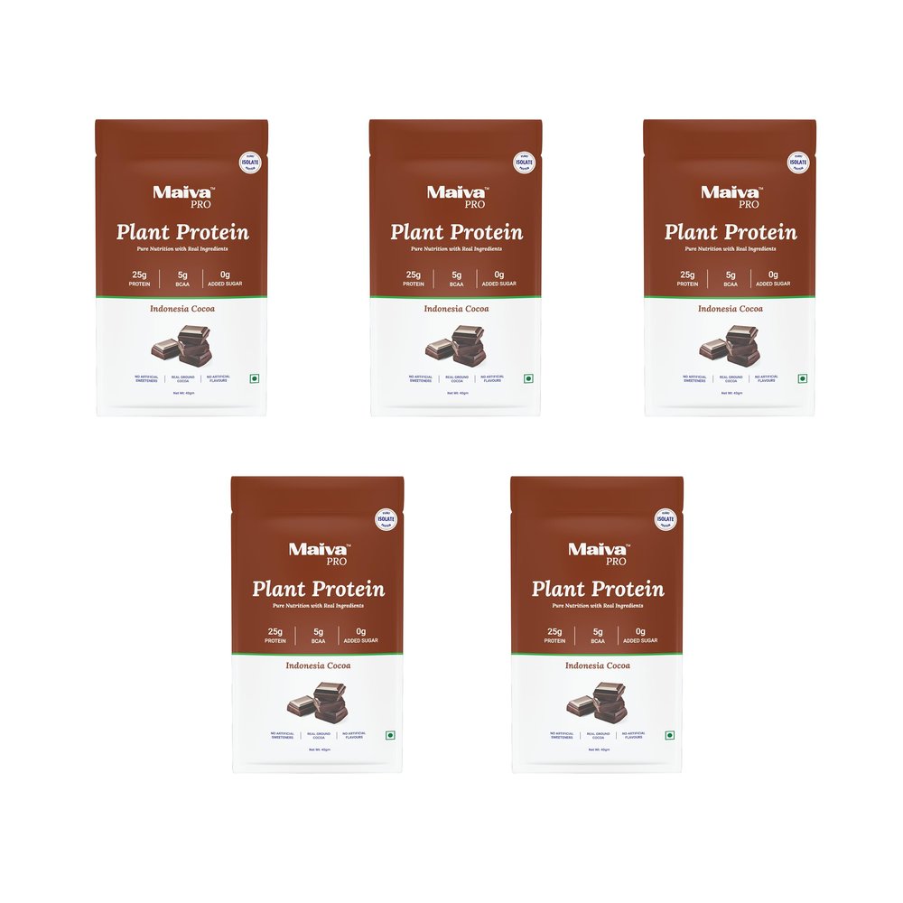Maiva Pro | Plant Protein Isolate - Indonesian Cocoa - 40gm (Pack of 5) | 25g Protein, 5g BCAA | Essential Amino Acids | Gut Friendly, Easy to Digest | Real Dates | Vegan, Dairy Free, No Preservatives
