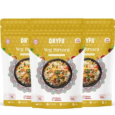 Dryfii Ready-to-Eat Instant Jain Veg Biryani | Pure Veg | Freeze Dried | No Onion, No Garlic | Rehydrated Weight 750 g