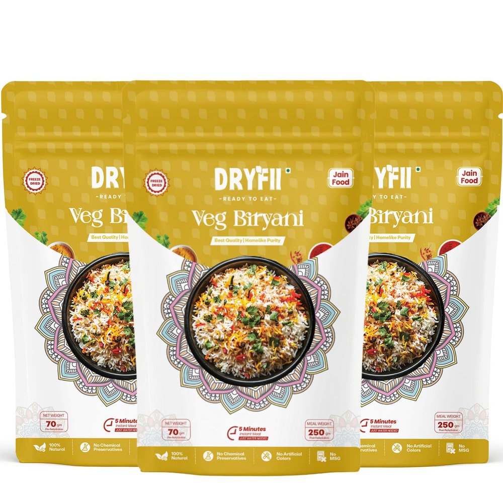 Dryfii Ready-to-Eat Instant Jain Veg Biryani | Pure Veg | Freeze Dried | No Onion, No Garlic | Rehydrated Weight 750 g