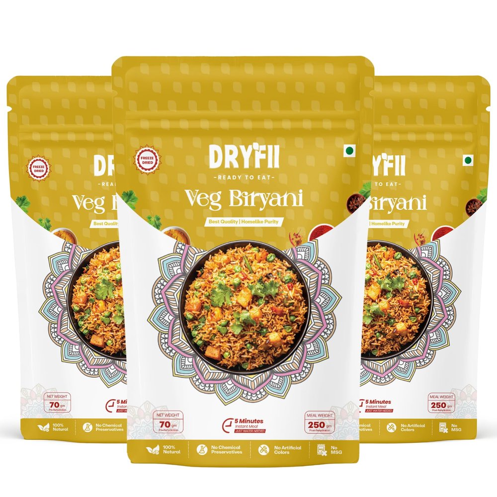 Dryfii Ready-to-Eat Instant Veg Biryani | Pure Veg | Freeze Dried | Rehydrated Weight 750 g