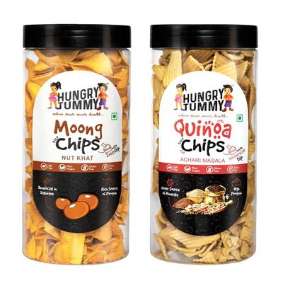HUNGRY TUMMY Moong Chips and Quinoa Chips Combo Pack, Nut Khat & Achari Masala Flavour, High Protein Gluten-Free Snacks, 150g Each, 2 Pack