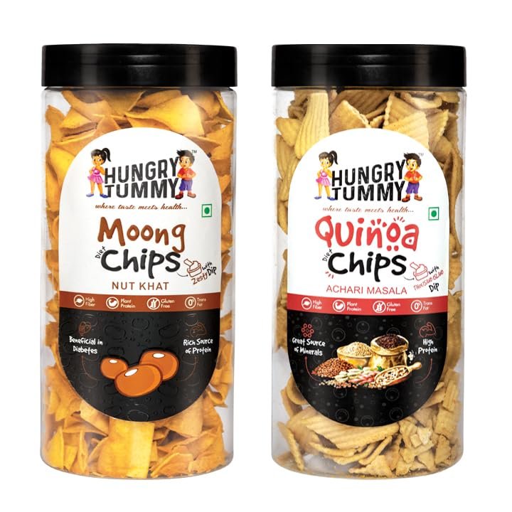 HUNGRY TUMMY Moong Chips and Quinoa Chips Combo Pack, Nut Khat & Achari Masala Flavour, High Protein Gluten-Free Snacks, 150g Each, 2 Pack