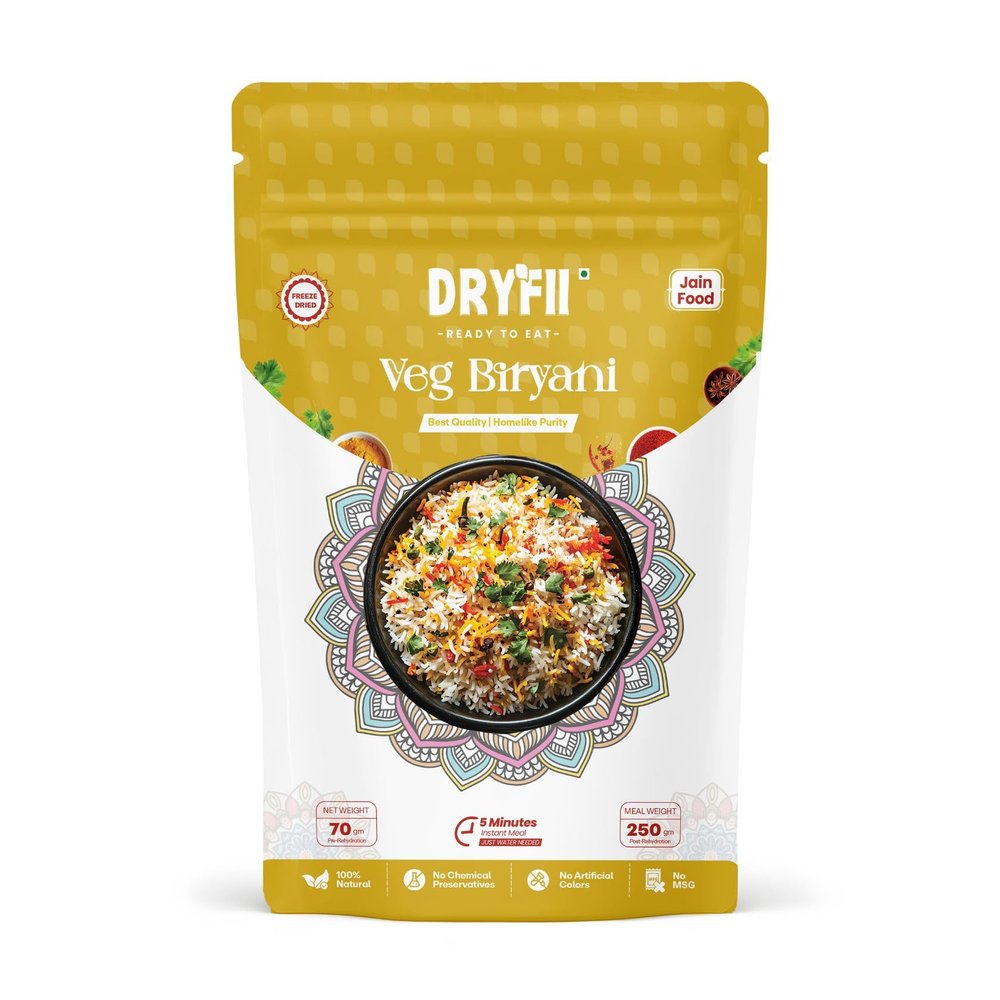 Dryfii Ready-to-Eat Instant Jain Veg Biryani | Pure Veg | Freeze Dried | No Onion, No Garlic | Rehydrated Weight 250 g