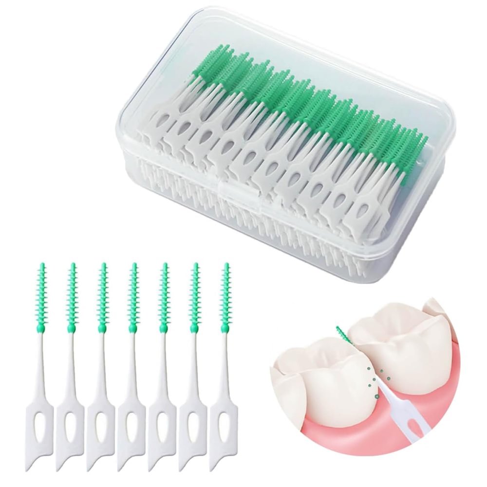 Sunkizzrs 140-Pcs Interdental Brush for Teeth CleaningPortable Dual-Use Interdental BrushesSilicone Head Safe Brace Interdental BrushTooth Floss Sticks for Plaque Removal & Teeth Oral Dental Care (Green)