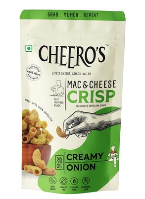 Cheero's Mac and Cheese Crisp | Cream and Onion Chips Pack of 8 | 100% Semolina, High protein Handmade Crunchy Snack | 30% Less Oil with Zero Trans Fat Munchies for Kids, Adults and Family