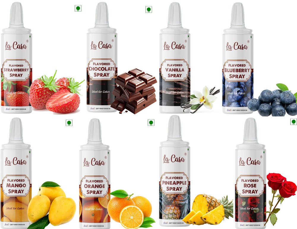 La Casa Flavored Puff Spray - Combo of 8 Flavors | Edible Flavored Phus Phus Ideal for Cake Decoration & Garnishing | 8x100g |