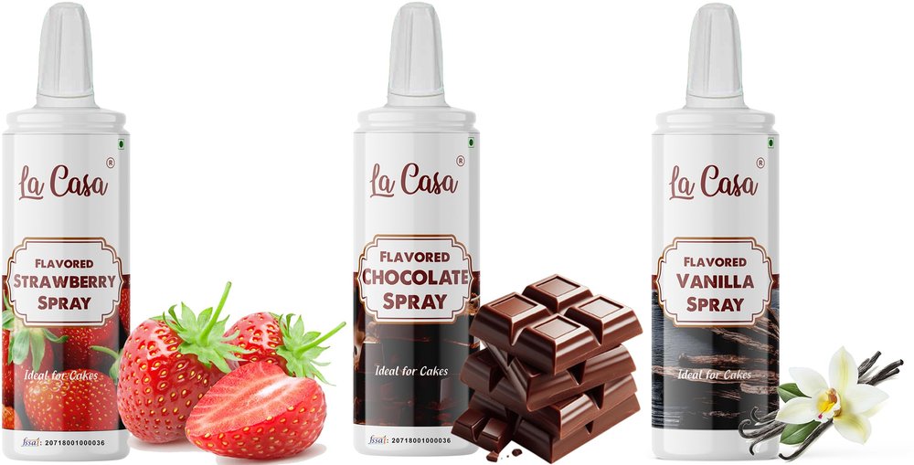 La Casa Flavored Puff Spray - Strawberry+Belgian Chocolate+Vanilla | Edible Flavored Phus Phus Ideal for Cake Decoration & Garnishing | 3x100g |