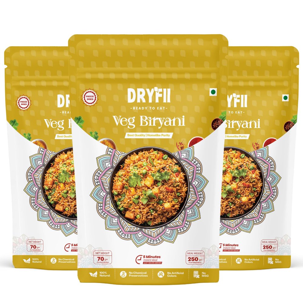 Dryfii Ready-to-Eat Instant Veg Biryani | Pure Veg | Freeze Dried | Rehydrated Weight 750 g