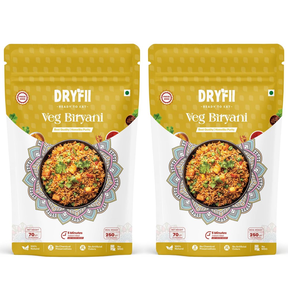 Dryfii Ready-to-Eat Instant Veg Biryani | Pure Veg | Freeze Dried | Rehydrated Weight 500 g