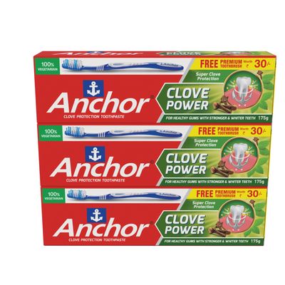 Anchor Clove Power Toothpaste - 175g | Pack of 3 | Free Toothbrush | Clove Oil Formula for Strong Teeth, Healthy Gums & Long-Lasting Freshness | Natural Oral Care Solution